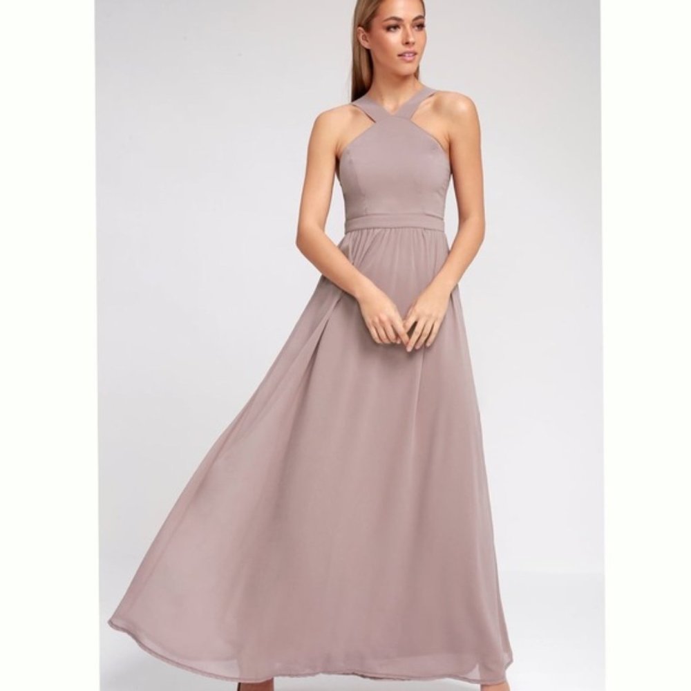 NWT Lulus Air of Romance Taupe Maxi Dress Sz S NWT